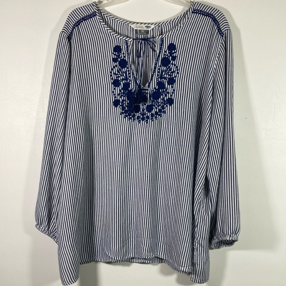 Old Navy Tunic Shirt Women Size XXL Navy & White Embroidery  Elastic Sleeve